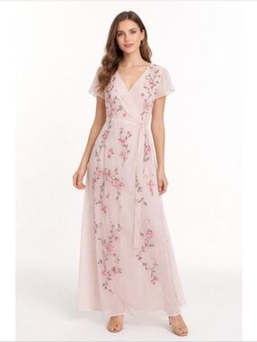 Savanna‎ Jane Pink Floral Embroidered Wrap Maxi Dress Flutter Sleeve Medium